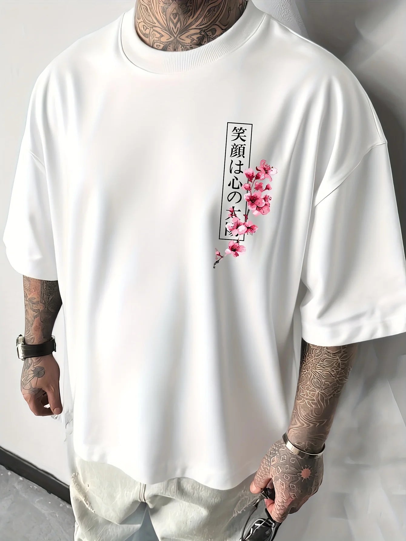 Japanese Cherry Blossom Print 100% Cotton Men Woment T-shirt Summer Autumn Daily Outdoor Sports Casual Loose Street Short-sleeve
