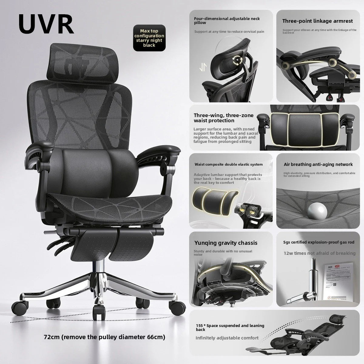 UVR Gaming Computer Chair Ergonomic Office Chair with Reclining Backrest, Adjustable Height, Comfortable Mesh Executive Swivel Chair for Home & Work