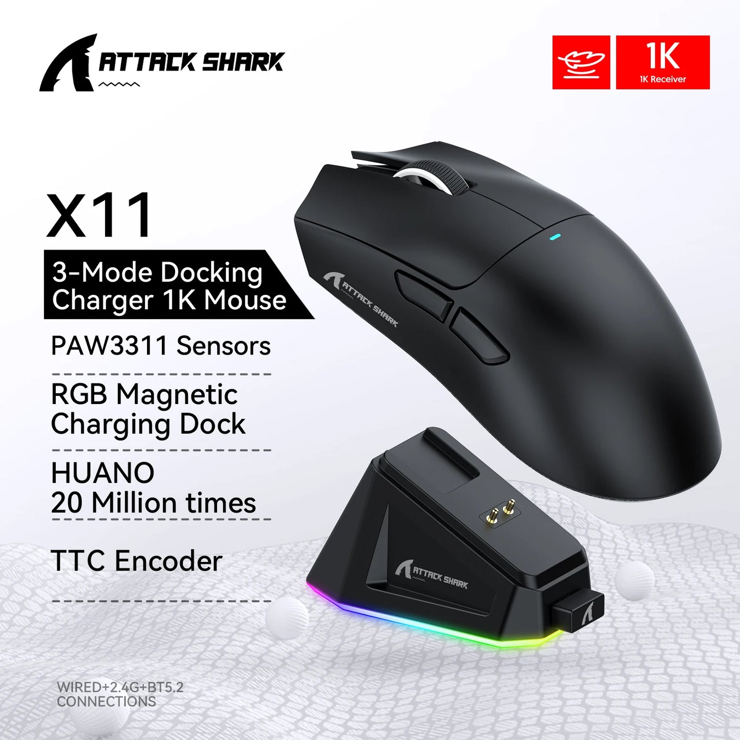 Attack Shark X11&R1 Tri Mode Bluetooth Wireless Mouse With Charger Base RGB Ergonomics Mice Lightweight PC Gamer Accessories