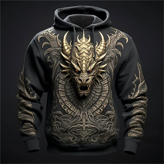 Hoodie de homem com estampado de dragão chinês, padrão de dragão 3D, nova sweatshirt oversized estilo hip hop Harajuku