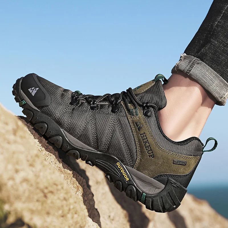 HIKEUP fire-sæsons vandresko til mænd, udendørssport, ægte læder, slidstærke klatresko, gummisål, trekking-sneaker