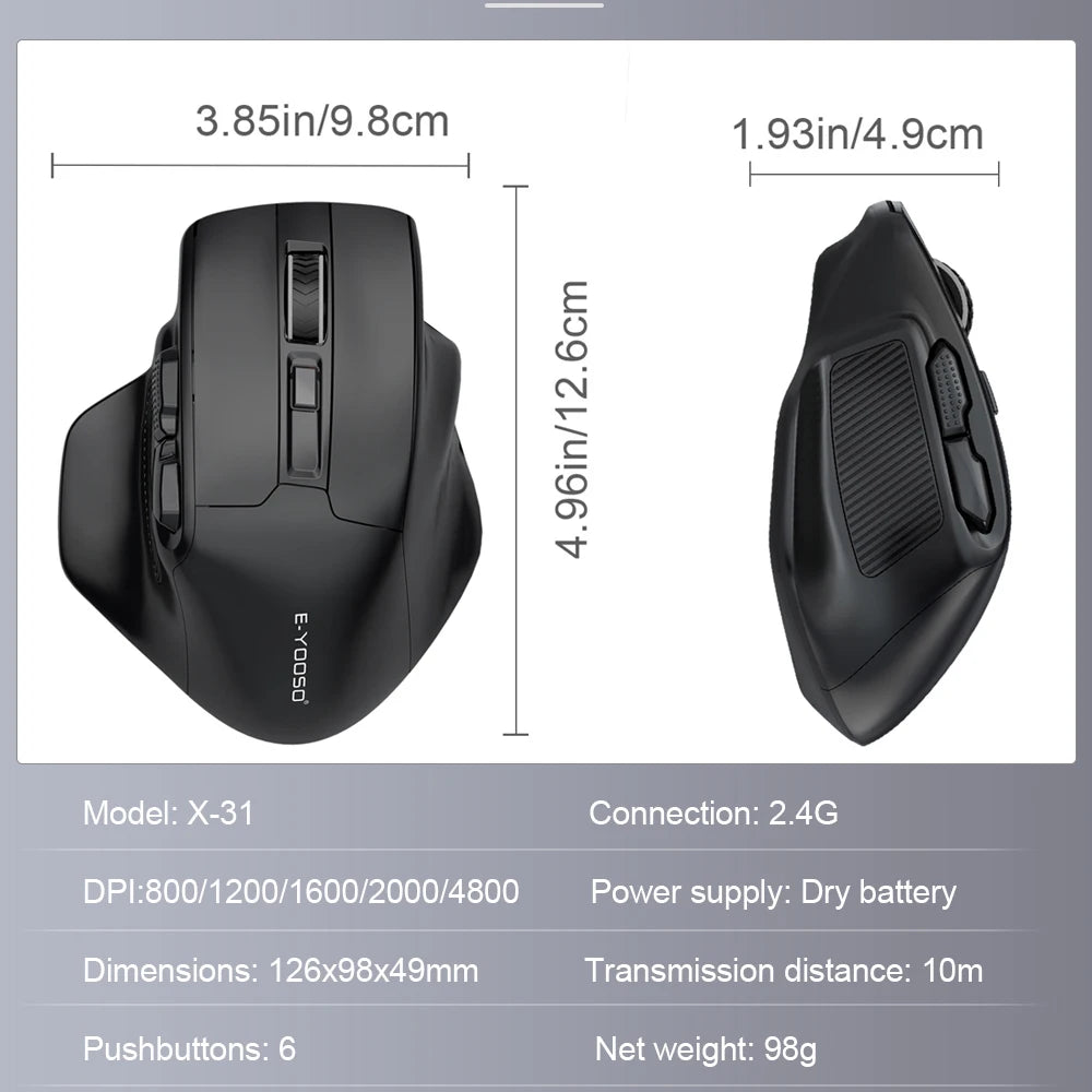 Rato Gaming Sem Fios E-YOOSO X-31 USB 2.4G de Grande Dimensão para Mãos Grandes, PAW3212, 4800 DPI, 5 Botões, para Gamer, Computador Portátil e PC