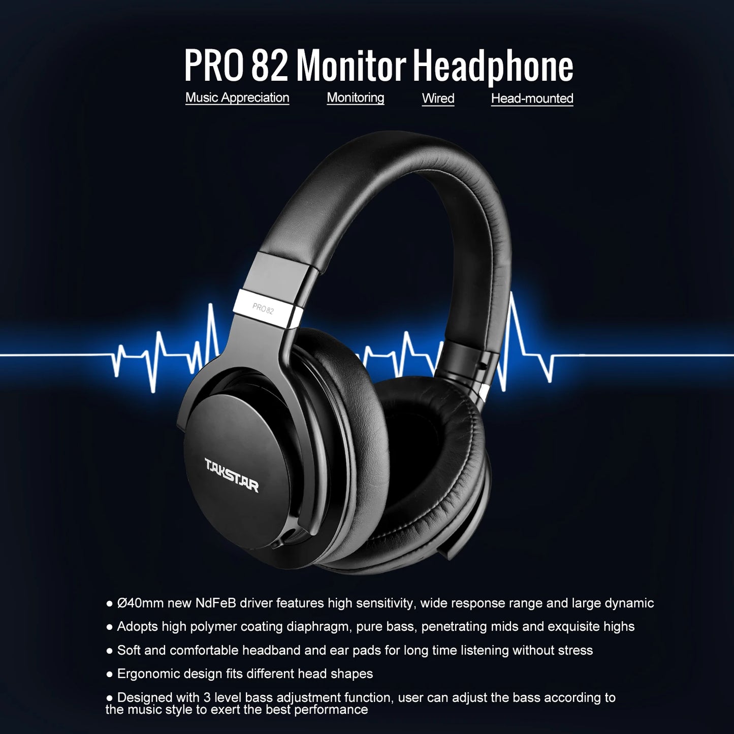Takstar PRO82 Professional Monitor Headphones – HiFi Stereo Wired Studio Headset for Recording, Gaming & Bass-Adjustable Precision Sound