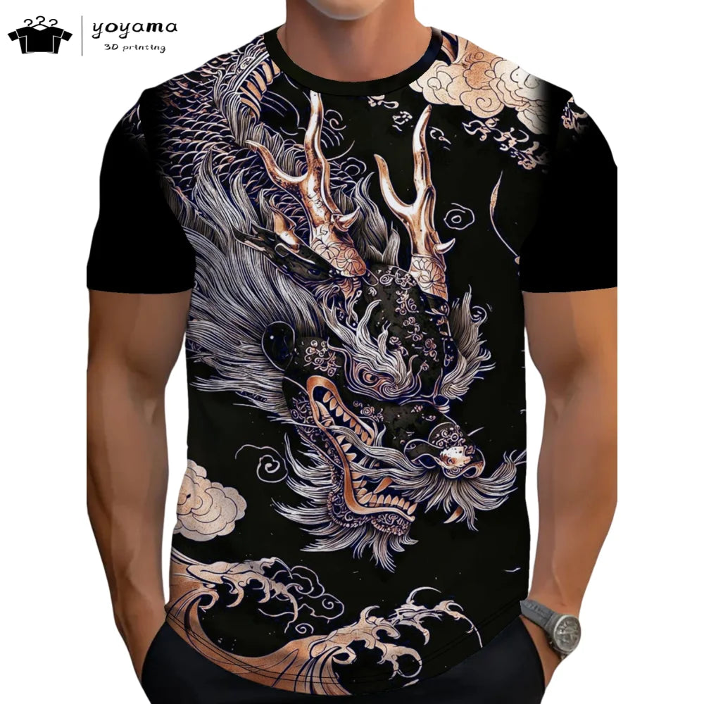 T-shirts för herr med drakmönster, kortärmad T-shirt, trendig streetwear-topp med O-ringning, djurmönster i 3D-tryck, lös och mångsidig herrklädsel