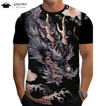 T-shirts för herr med drakmönster, kortärmad T-shirt, trendig streetwear-topp med O-ringning, djurmönster i 3D-tryck, lös och mångsidig herrklädsel