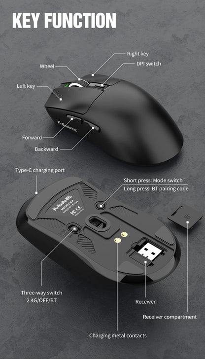 K-Snake X11 Bluetooth Wireless Gaming Mouse, Tri-Mode RGB Rechargeable Mouse with PAW3311 Sensor, 12000 DPI Magnetic Charging Gaming Mouse for PC, Laptop & Office