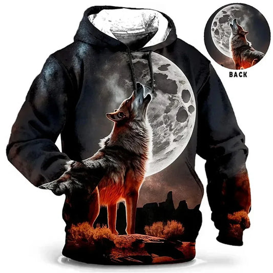 Sweatshirts com Capuz Vintage para Homem com Padrão de Lobo, Águia, Leopardo e Tigre em Estampado 3D, Tops Oversized Casuais de Manga Comprida para Outono/Inverno