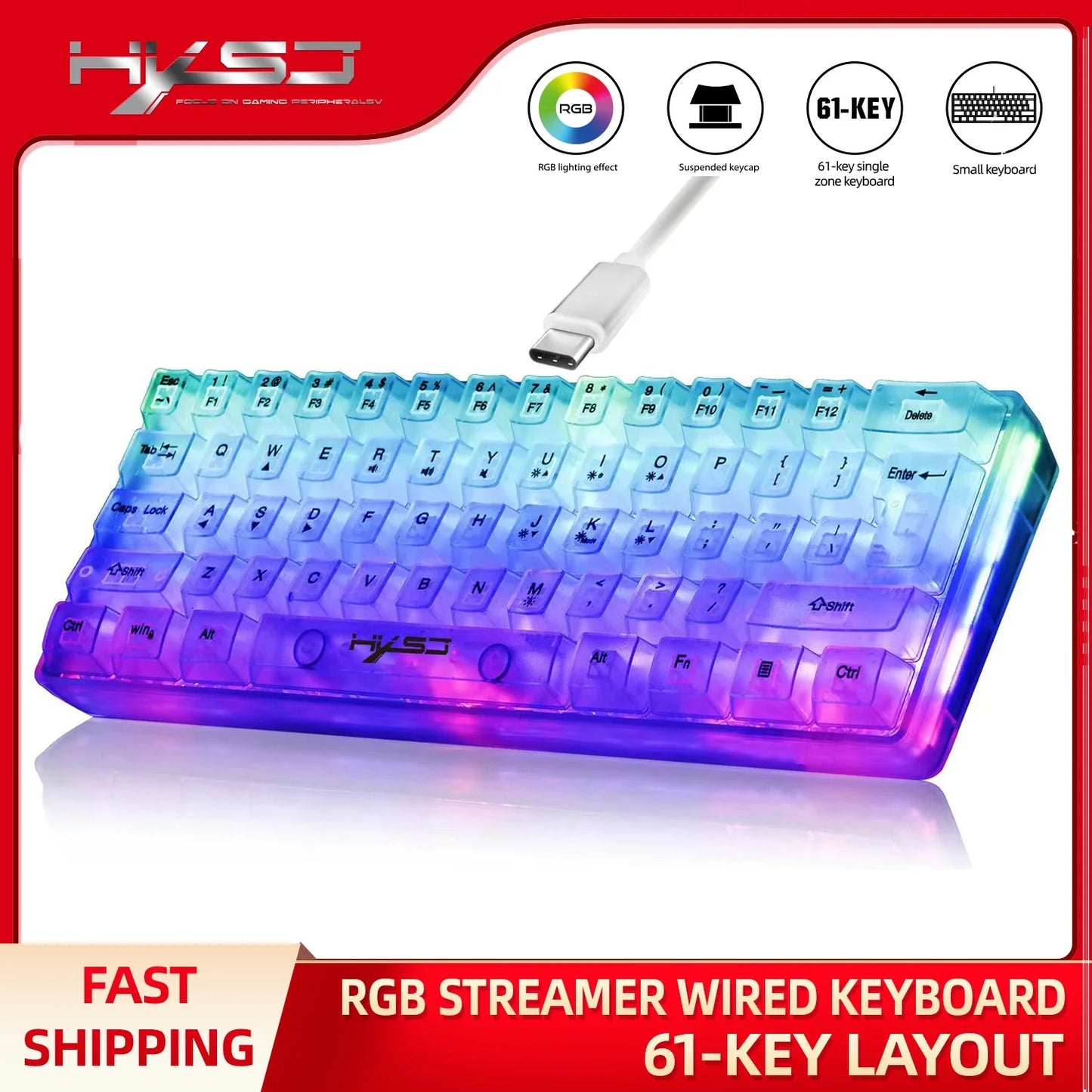 HXSJ 60% kabelgebundene transparente Gaming-Tastatur, RGB-beleuchtet, ultrakompakte wasserdichte kleine Kompakttastatur mit 61 Tasten für PC/Mac