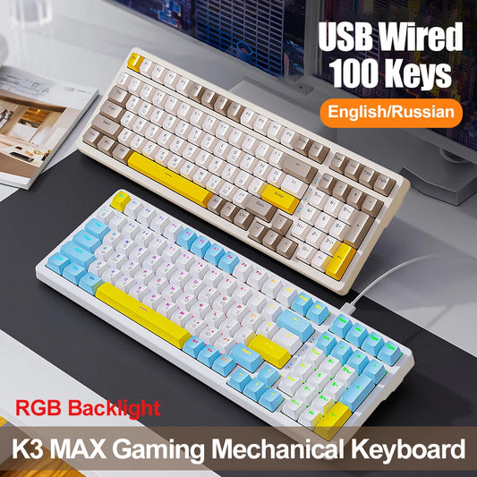 K3 MAX Mechanical Keyboard Hotswap Red/Green Shaft Gamer Keyboard USB Wired RGB Backlight 100 Keys Russian for Computer Laptop