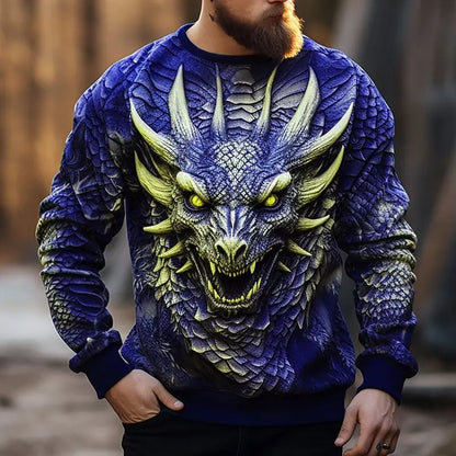 Huvtröja för herr med kinesiskt draktryck – moderiktig sweatshirt med 3D-drakmönster, hiphop, oversized pullover för herr, Monster Golf