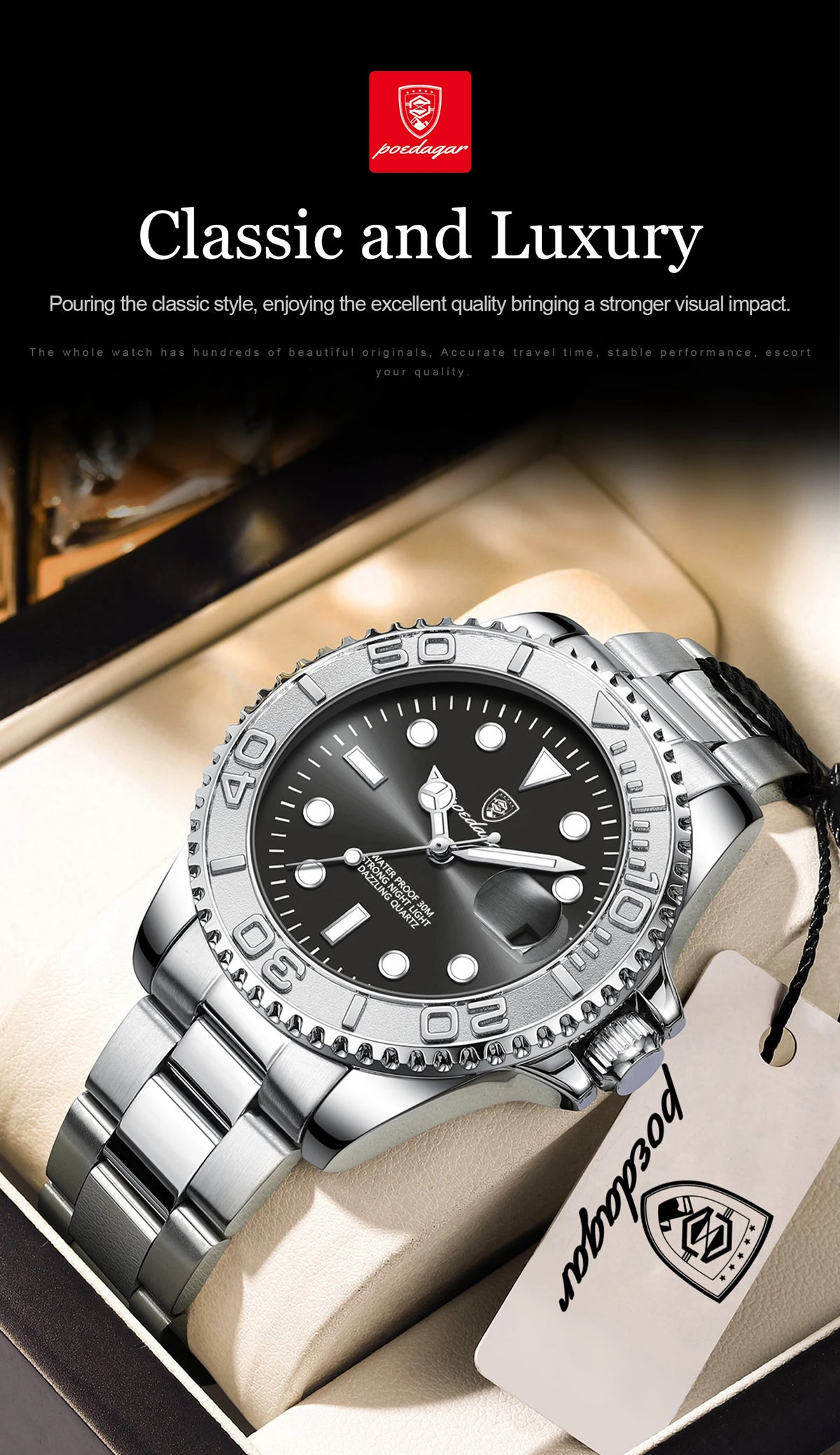 POEDAGAR Luxury Men's Watch Stainless Steel Date Quartz Fashion Watches For Man Waterproof Luminous Business Male Watch+Box Gift