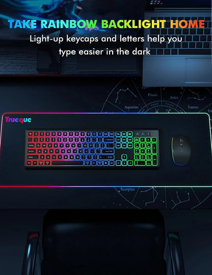 Combo tastiera e mouse wireless con retroilluminazione RGB, lettere illuminate ricaricabili, formato full-size, ergonomico, modalità sleep, 2.4GHz