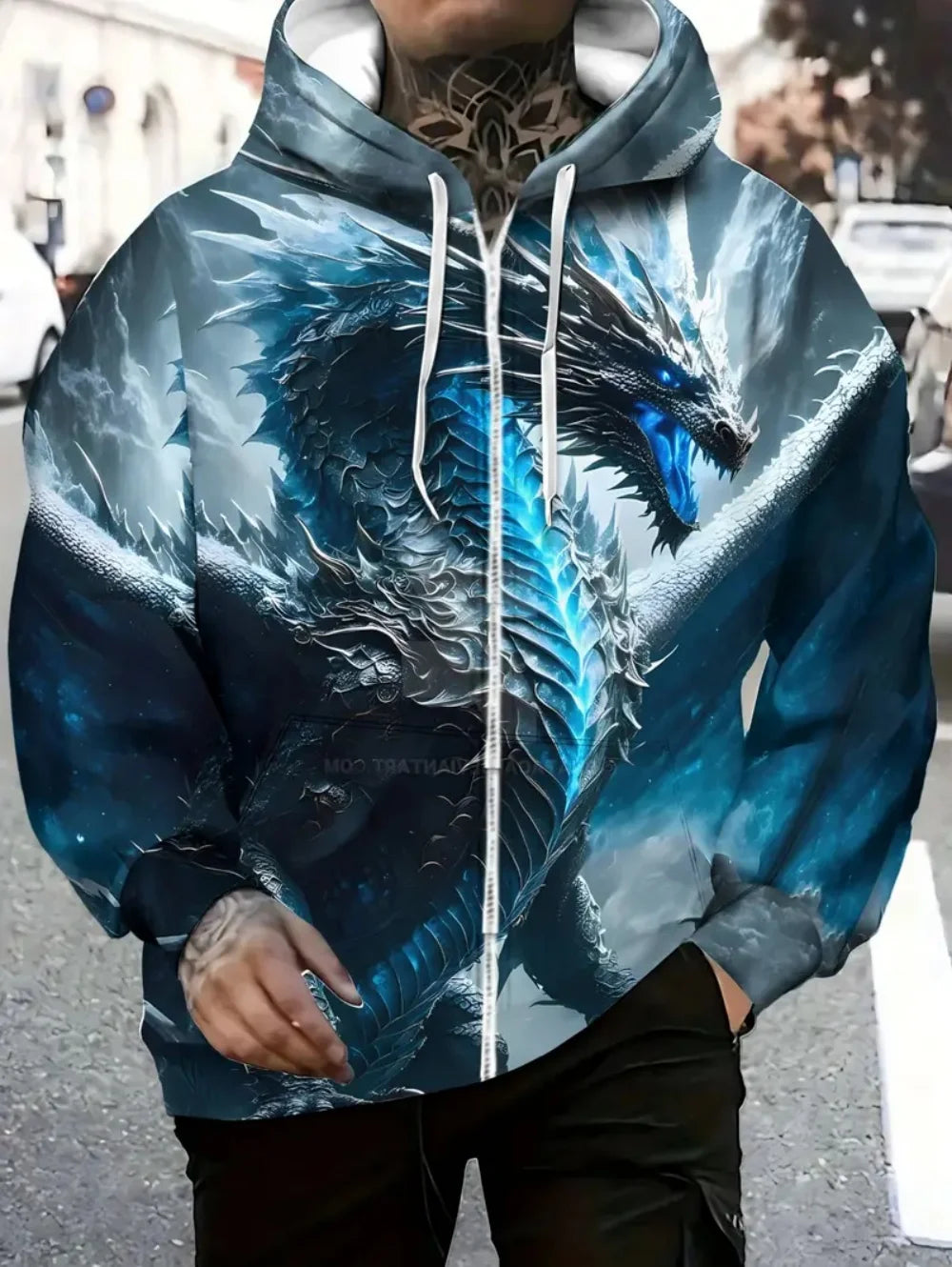 Sweatshirt com capuz e fecho de correr para homem, com estampado de dragão, cordão ajustável, manga comprida, corte oversize, para atividades ao ar livre e viagens, outono/inverno