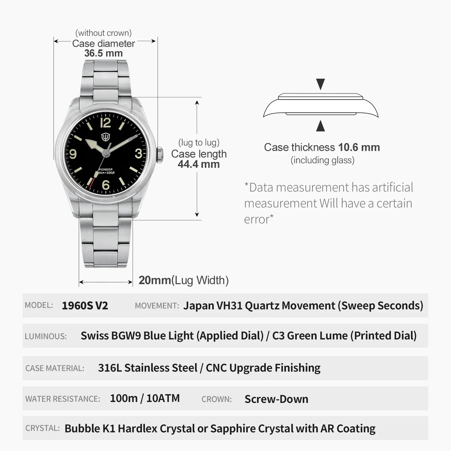 Watchdives WD1960S V2 36.5mm Quartz Watch VH31 Sweep Seconds Vintage Style Sapphire Crystal BGW9 Lume 100M Waterproof Steel