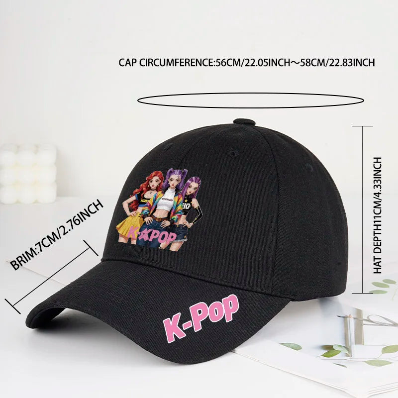 K-Pop Anime Girl Print Black Baseball Cap Adjustable Unisex Korean Music Fan Casual Hat