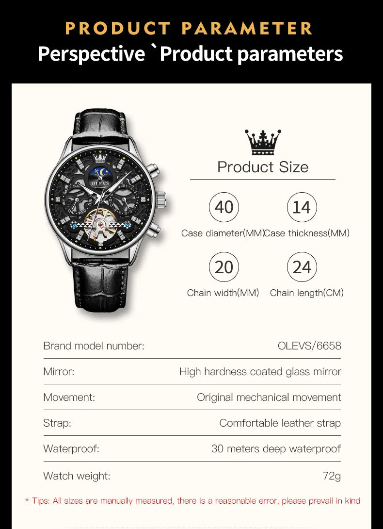 OLEVS 6658 Automatic Mechanical Watch for Man Leather Strap Waterproof Moon Phase Business Dress Men's Watches