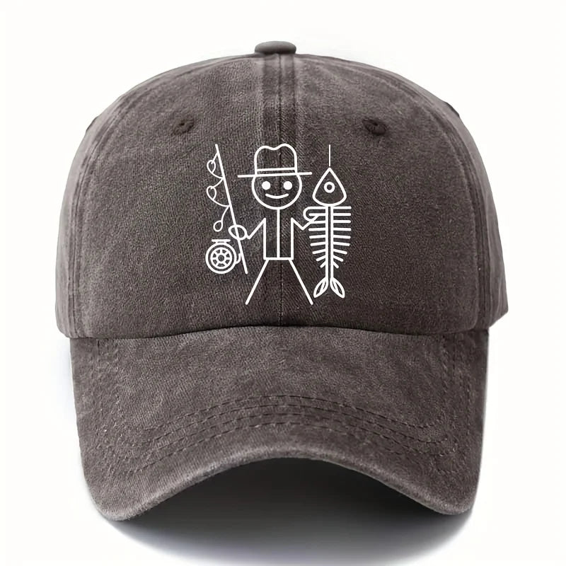 Printed cartoon man fishing baseball cap, outdoor curved brim cap, truck driver cap, vacation travel camping