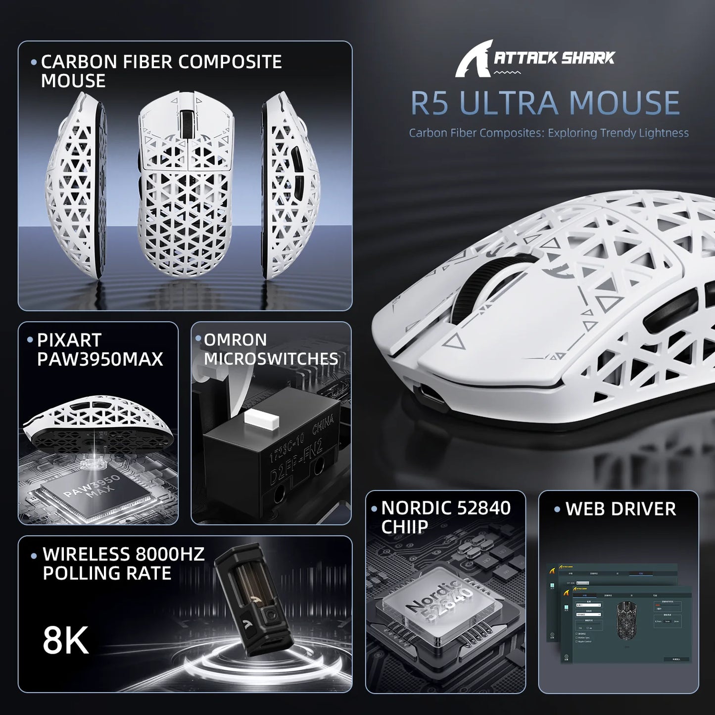 Rato Gaming Sem Fios ATTACK SHARK R5 Ultra em Fibra de Carbono, Sensor Gaming PixArt PAW3950MAX, 42000DPI, 8000Hz, MCU Nordic 52840