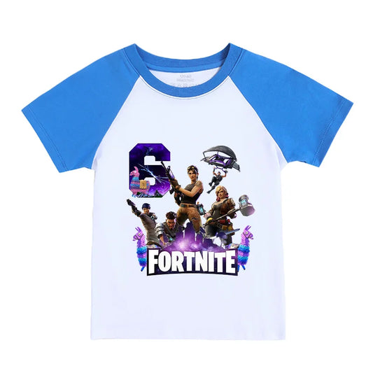 T-shirt infantil Fortnite Números 0-9, estampado cartoon de jogo, algodão puro, manga curta, top desportivo casual para menino e menina, presente de vestuário