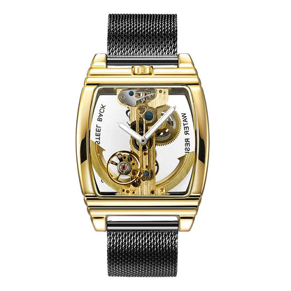 SHENHUA Mens Watches Top Brand Luxury Automatic Mechanical Transparent Skeleton Bridge Watch Leather Belt Wristwatch Male Clock
