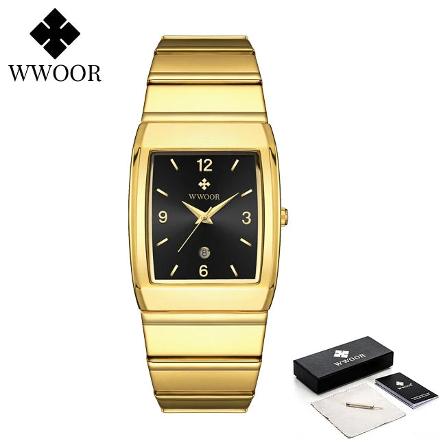 Relogio Masculino WWOOR New Man's Square Watch For Men with Automatic Date Luxury Stainless Steel Gold Mens Quartz Wrist Watches