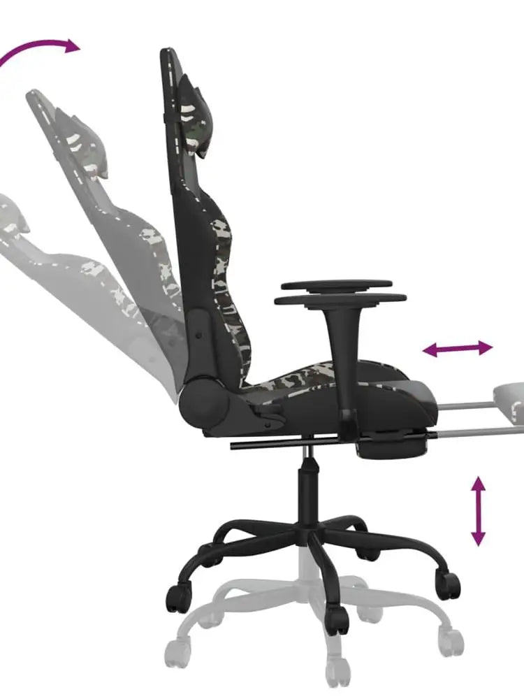 Gaming Chair with Footrest Black and Camouflage 66X56X120,5-131 cm in Imitation Leather, Reclining 360 Swivel ° Can Carry 110 kg