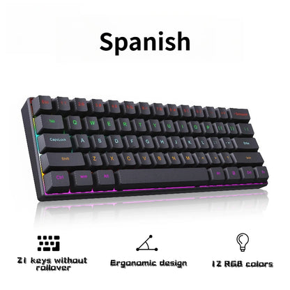 H61K USB-Type C Wired Mechanical Keyboard Red Switch RGB Backlit 61 Keys English Spanish Wired Keyboard for Game Office