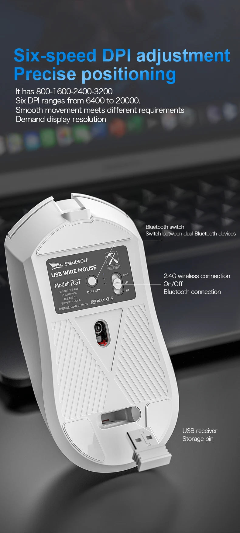 SMAILWOLF RS7 Bluetooth Wireless Gaming Mouse Three Mode PAW3311 Macro-definition Mouse Laptop Gaming Office