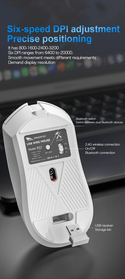 SMAILWOLF RS7 Bluetooth Wireless Gaming Mouse Three Mode PAW3311 Macro-definition Mouse Laptop Gaming Office