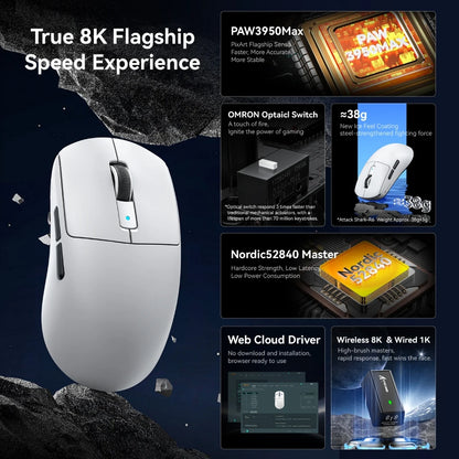 Attack Shark R6 Gaming Mouse 38g Ultra-Light, PAW3950 8K Return Rate Wireless, Nordic 52840, 24000DPI, Tri-Mode