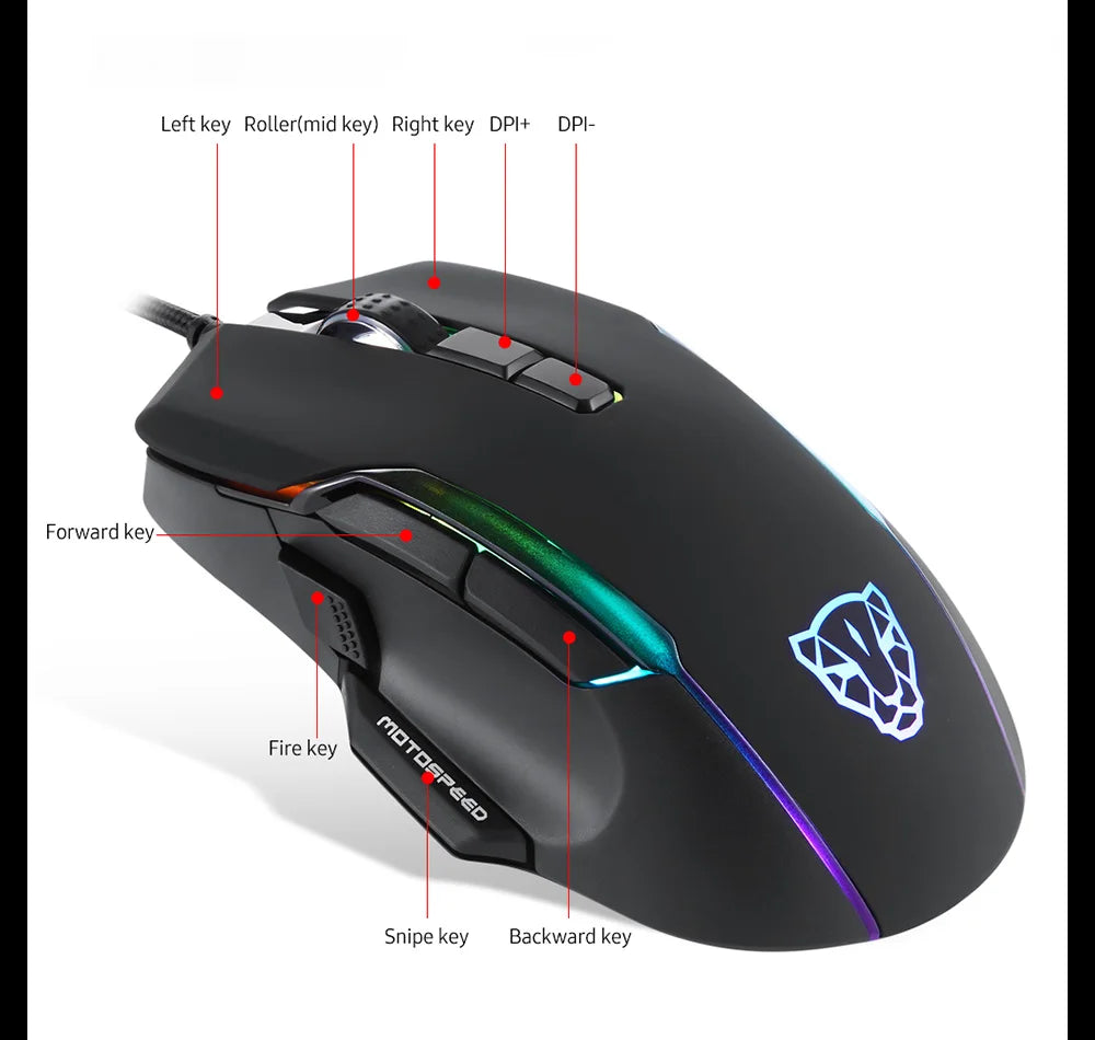 Motospeed V90 Wired Gaming Mouse RGB Backlight 8 Adjustable 50000 DPI Office Game Mouse Macro Drive PMW3325 For Laptop PC
