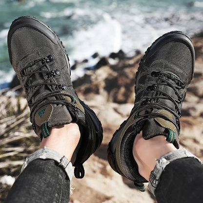 HIKEUP fire-sæsons vandresko til mænd, udendørssport, ægte læder, slidstærke klatresko, gummisål, trekking-sneaker