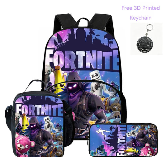 Conjunto FORTNITE leve de 3 peças: mochila com bolso frontal, lancheira e estojo, com porta-chaves 3D impresso grátis, para meninos, meninas e crianças dos 5 aos 10 anos