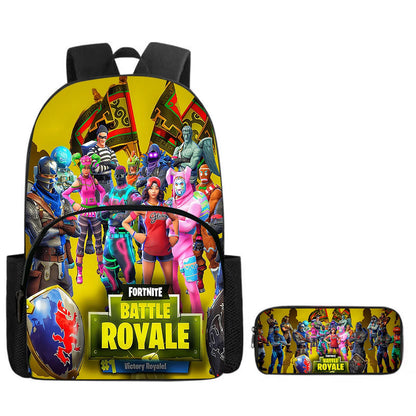 Fortnite Cartoon Backpack w/ Front Pocket & Pencil Case 2PCS - School Set for Boys Girls Age 5-8, Back to School Gift