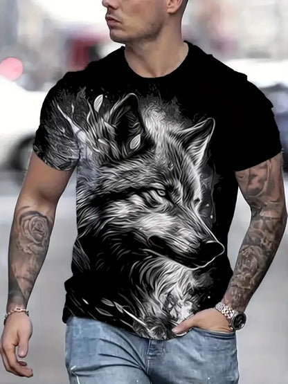 Men 3D Pattern Fire Wolf Graphic Print T-Shirt Summer Oversized Causal T-Shiet Men's Fashion Fitness Short Sleeve Clothing Tops