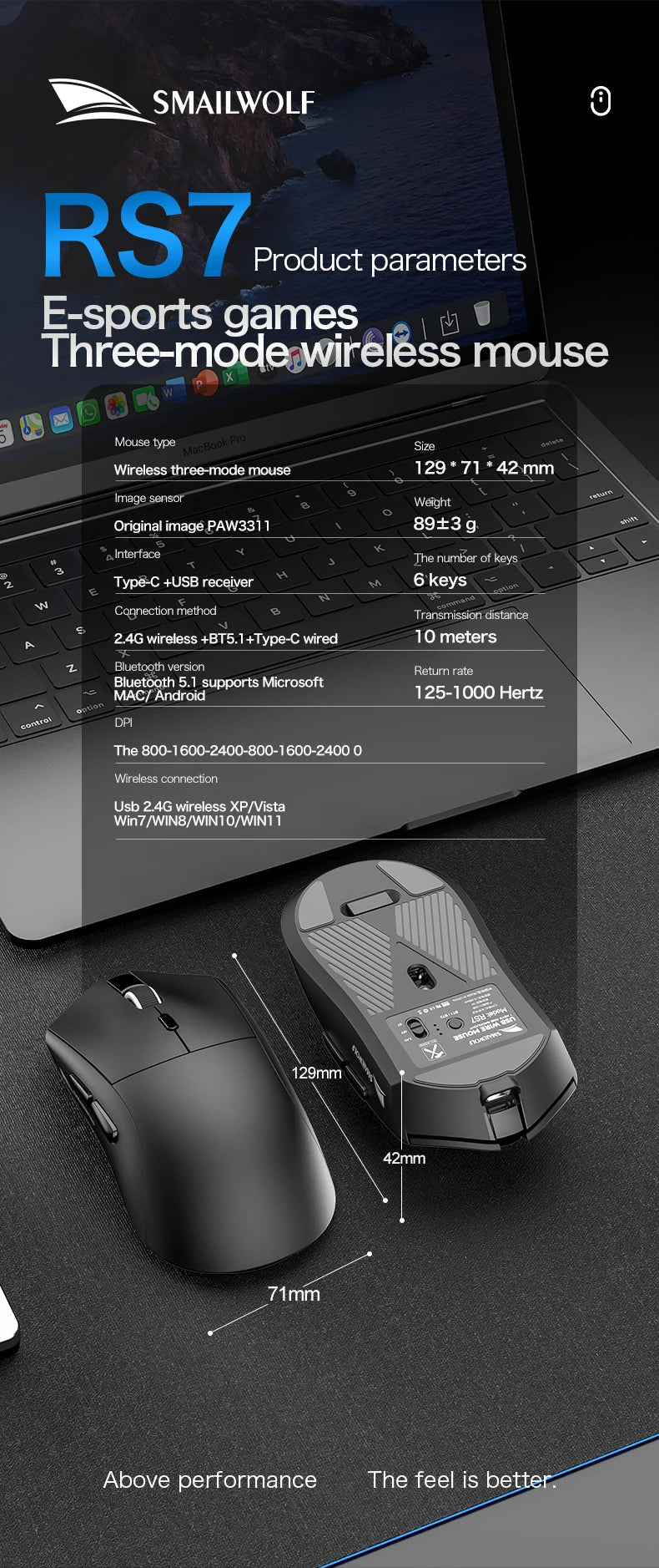SMAILWOLF RS7 Bluetooth Wireless Gaming Mouse Three Mode PAW3311 Macro-definition Mouse Laptop Gaming Office
