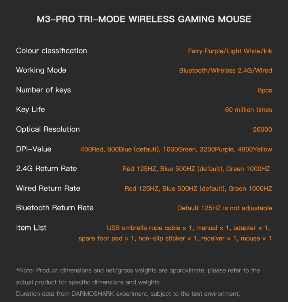Darmoshark M3Pro gamingmus 2.4G BT trådlös tri-mode PAW3395-sensor N52840 26000DPI för stora händer makrodrivrutin mus för gaming