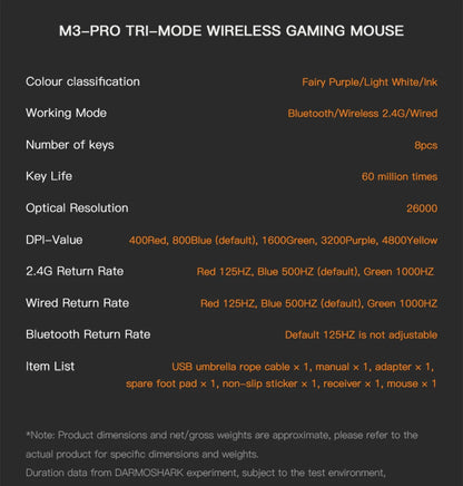 Darmoshark M3Pro gamingmus 2.4G BT trådlös tri-mode PAW3395-sensor N52840 26000DPI för stora händer makrodrivrutin mus för gaming