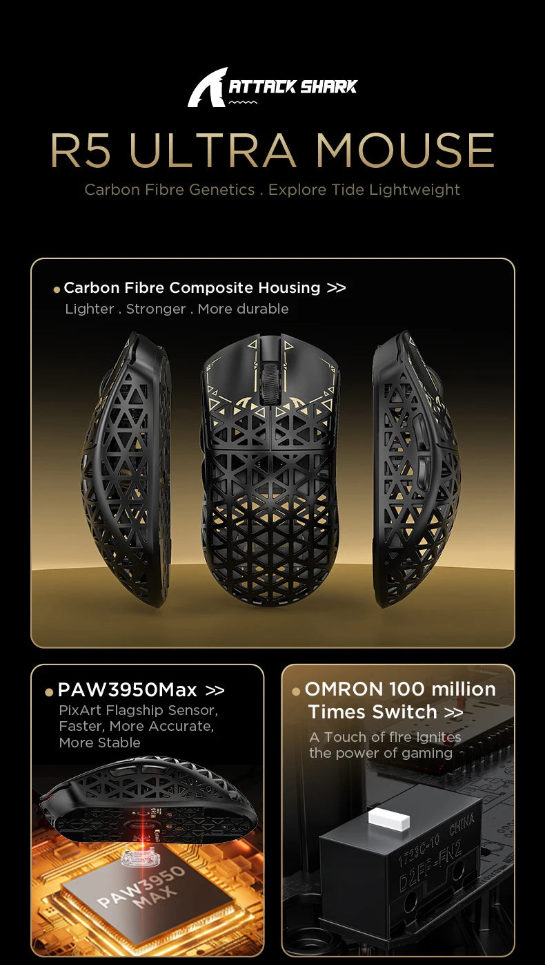 ATTACK SHARK R5 ULTRA Wireless Gaming Mouse - 8K Polling, PAW3950MAX Sensor, 42,000 DPI, Carbon Fiber Ultra-Light for Pro Esport