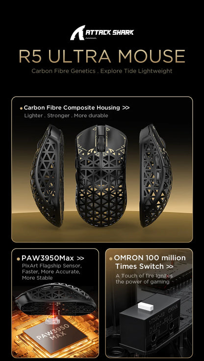 ATTACK SHARK R5 ULTRA Wireless Gaming Mouse - 8K Polling, PAW3950MAX Sensor, 42,000 DPI, Carbon Fiber Ultra-Light for Pro Esport