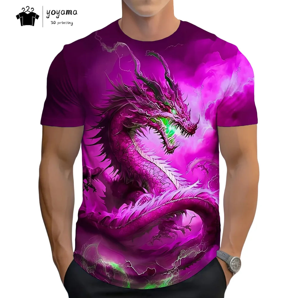 T-shirts för herr med drakmönster, kortärmad T-shirt, trendig streetwear-topp med O-ringning, djurmönster i 3D-tryck, lös och mångsidig herrklädsel