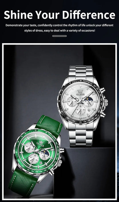 OLEVS Men's Watches Fashion Sports Green Watch For Men Multifunctional Quartz Wristwatches Men Waterproof Leather reloj hombre