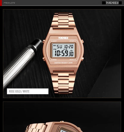 Skmei Unisex Digital Sport's Watches Stainless Steel Strap Led Waterproof 12/24 Hour Format Electronic Alarm Clock
