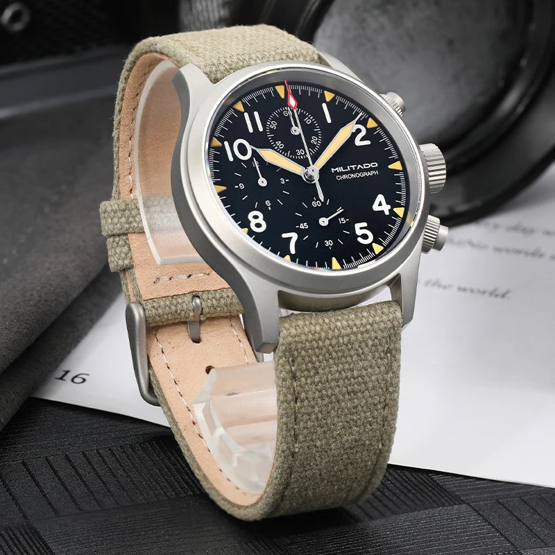 Militado ML1868KF Retro VK67 Quartz Chronograph Watch Stainless Steel Case 3 Dial Waterproof 100M  Multifunction Military Watch