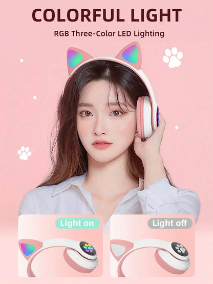 Cute Cat Ears Wireless Bluetooth Headphones with Mic LED Lights, Kids Stereo Music Headset, Cat Ear Wireless Headphones with Noise Cancelling, Gaming & Gift Headphones