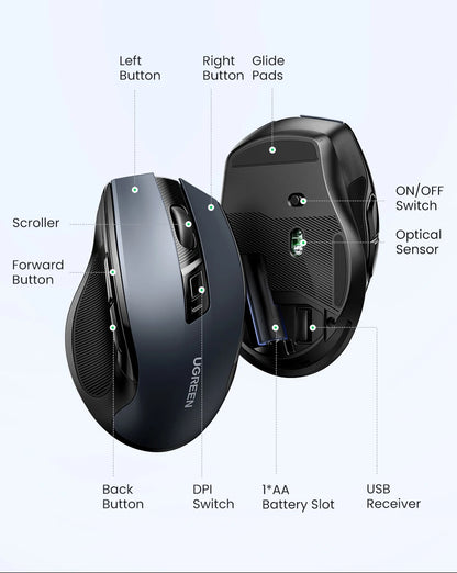 Rato sem fios UGREEN Bluetooth 5.0 ergonómico, 4000DPI, 6 botões silenciosos, para MacBook, tablet, portáteis, computador e PC, rato 2.4G