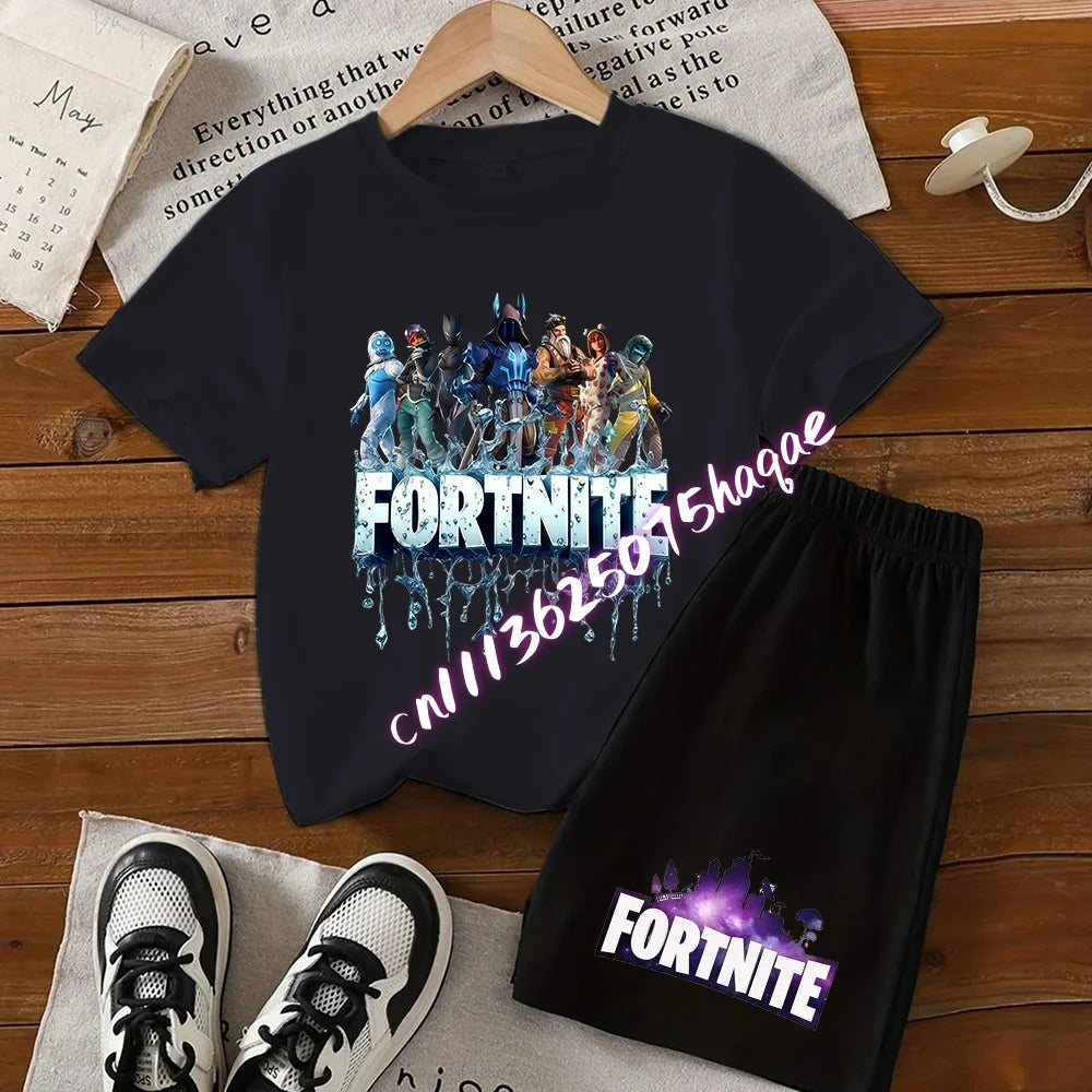 Conjunto infantil de verão Fortnite com t-shirt e calções anime, 2 peças, manga curta, algodão, casual, desportivo, presente