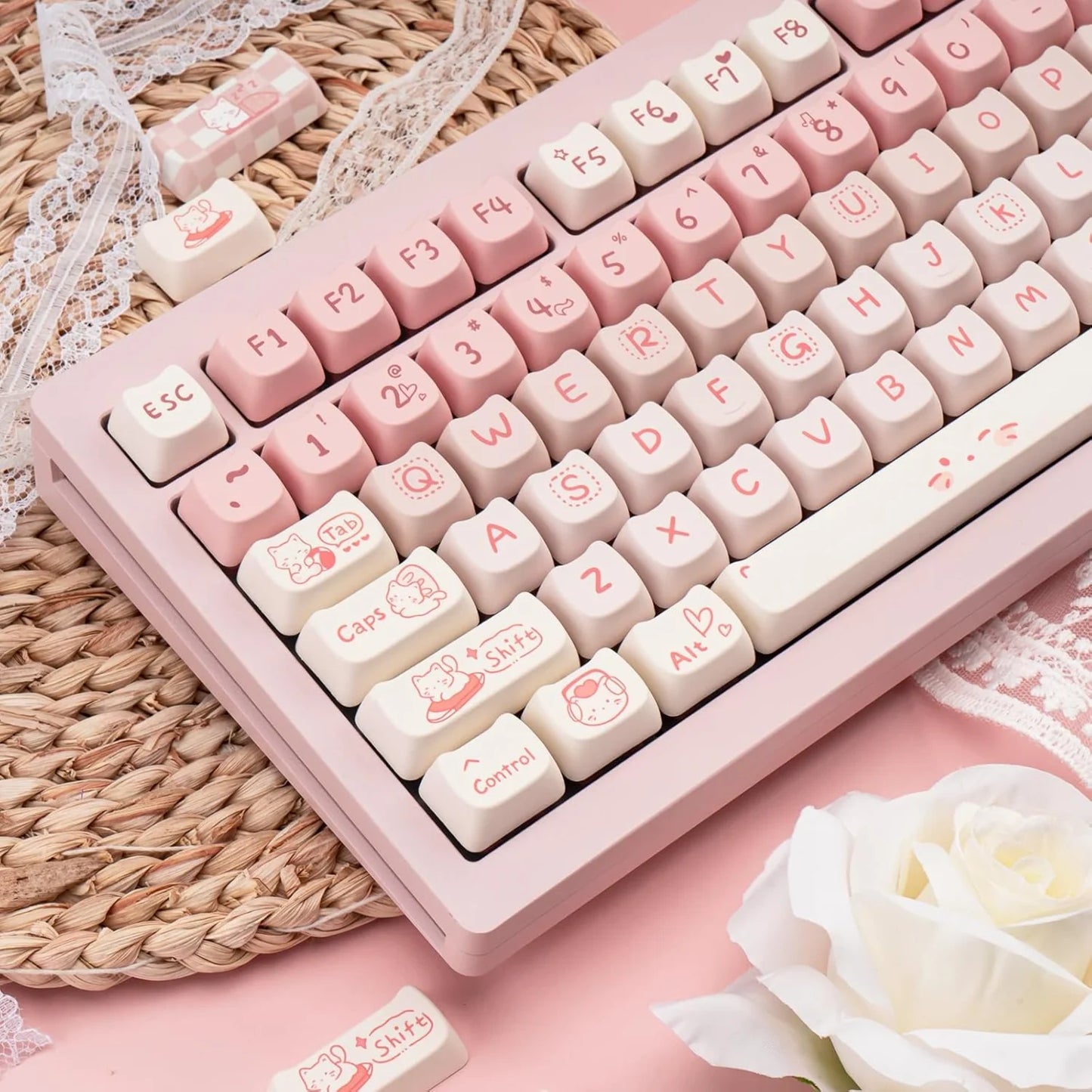 Pink Kitten, Girl MAO Keycap PBT 134 Keys, Customized for 60/84/98/108 Mechanical Keyboard