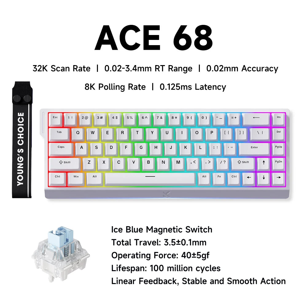 MCHOSE ACE 68 Gaming-Tastatur mit magnetischen Schaltern, Hall-Effekt, Rapid Trigger, programmierbarem RGB, 8K Hz, DKS/MT/TGL/RS/SOCD-Tastatur
