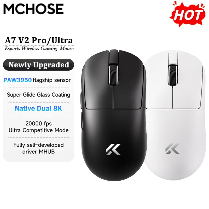 Mouse da gaming wireless leggero MCHOSE A7 V2 Ultra / Pro, Dual 8000Hz, PAW3950 TI, 42000DPI, per PC e gamer e-sport